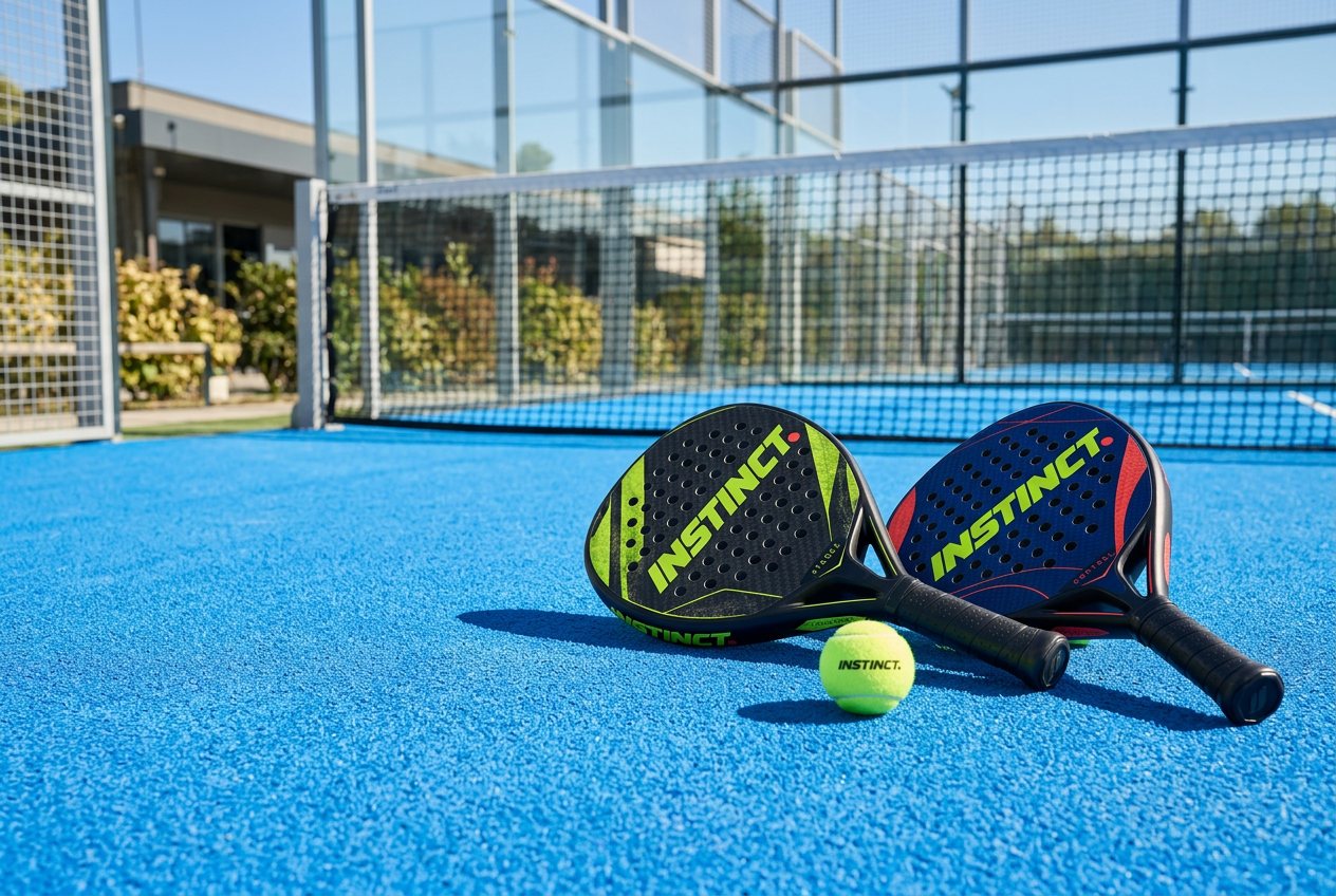 Las palas Instinct Ataque y Control sobre una cancha de pádel azul junto a la red